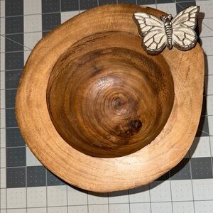 Rustic Wooden Bowl with Silver Butterfly Detail by Adman Imports